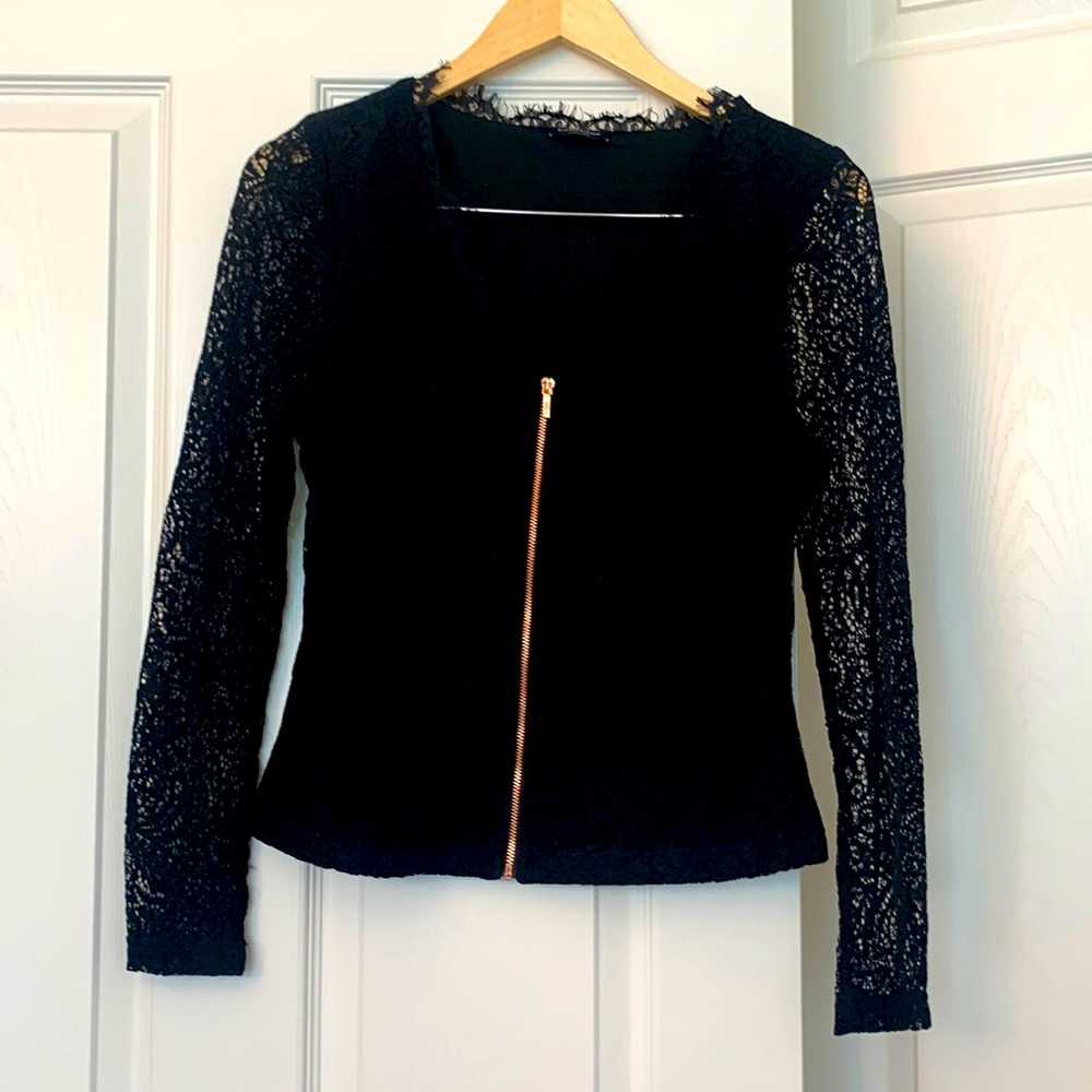 Bebe black lace front zipper long sleeve top size small